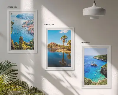 Three-piece wall art set seaside palm trees and blue water