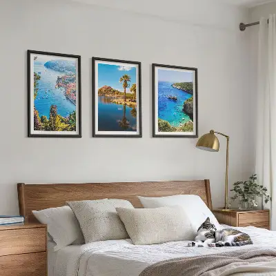 Three-piece wall art set seaside palm trees and blue water