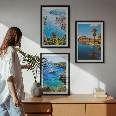 Three-piece wall art set seaside palm trees and blue water