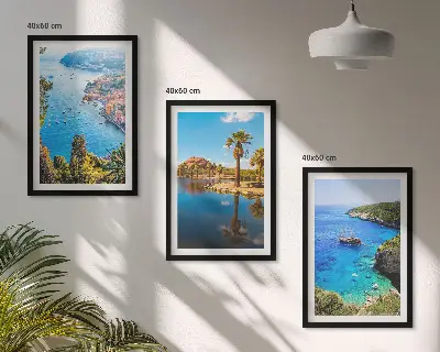 Three-piece wall art set seaside palm trees and blue water