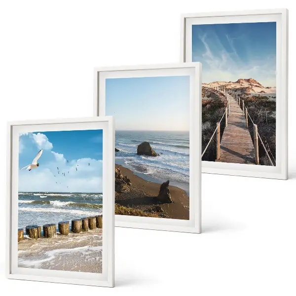 Set of 3 framed wall art pieces beach waves sky and pier walk