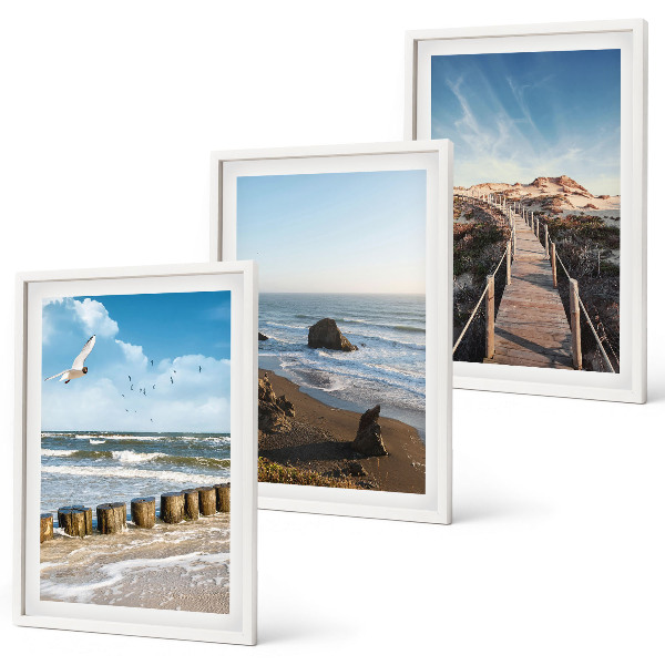 Set of 3 framed wall art pieces beach waves sky pier walk