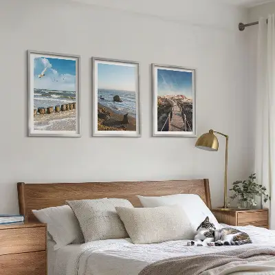 Set of 3 framed wall art pieces beach waves sky and pier walk