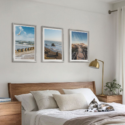 Set of 3 framed wall art pieces beach waves sky pier walk