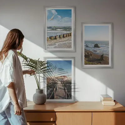 Set of 3 framed wall art pieces beach waves sky and pier walk