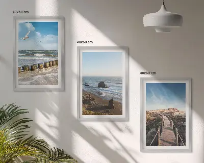 Set of 3 framed wall art pieces beach waves sky and pier walk