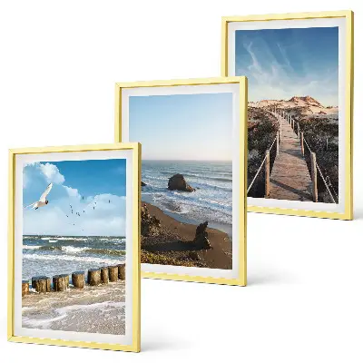 Set of 3 framed wall art pieces beach waves sky and pier walk