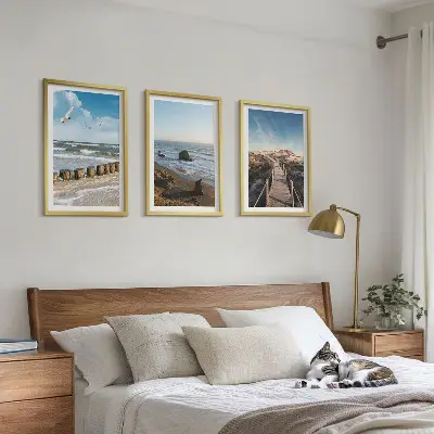 Set of 3 framed wall art pieces beach waves sky and pier walk