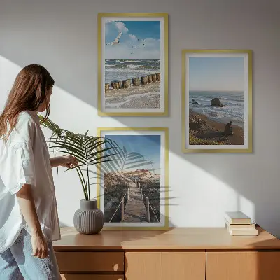 Set of 3 framed wall art pieces beach waves sky and pier walk