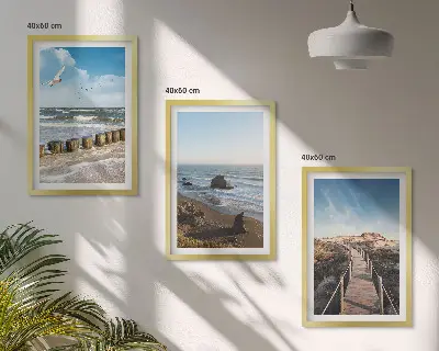 Set of 3 framed wall art pieces beach waves sky and pier walk