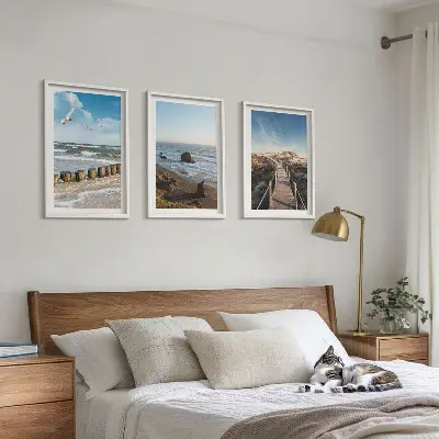 Set of 3 framed wall art pieces beach waves sky and pier walk