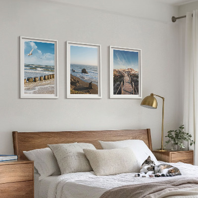 Set of 3 framed wall art pieces beach waves sky pier walk