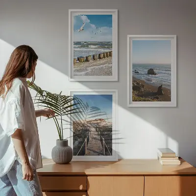 Set of 3 framed wall art pieces beach waves sky and pier walk