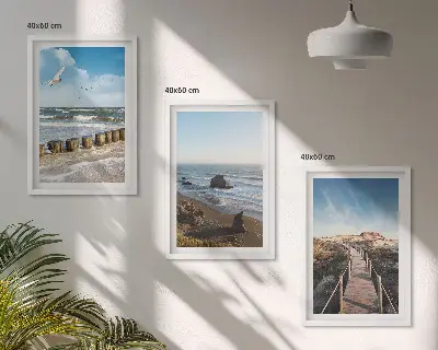 Set of 3 framed wall art pieces beach waves sky and pier walk