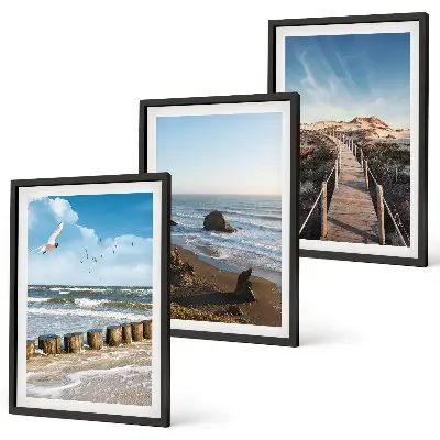 Set of 3 framed wall art pieces beach waves sky and pier walk