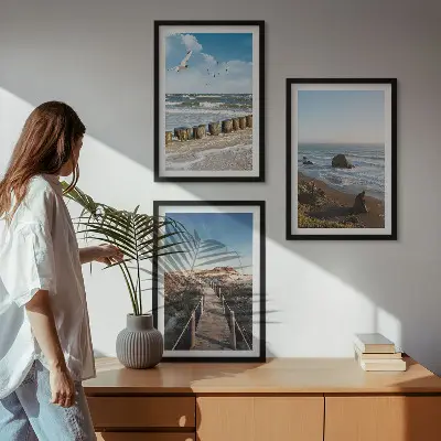 Set of 3 framed wall art pieces beach waves sky and pier walk