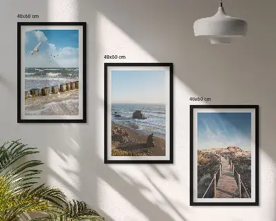 Set of 3 framed wall art pieces beach waves sky and pier walk