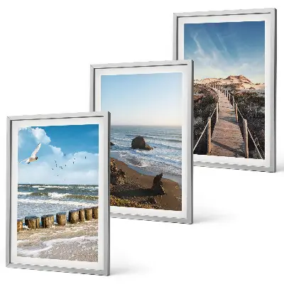 Set of 3 framed wall art pieces beach waves sky and pier walk