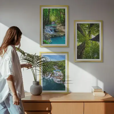 Wall art set waterfalls in a green forest