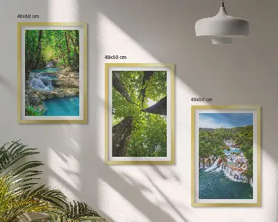 Wall art set waterfalls in a green forest
