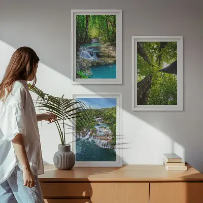Wall art set waterfalls in a green forest