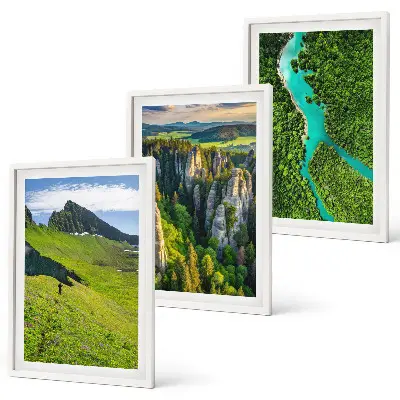 Three-piece wall art set green mountain river landscape