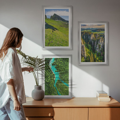 Three-piece wall art piece Green mountains river rocks
