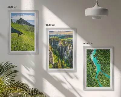 Three-piece wall art set green mountain river landscape
