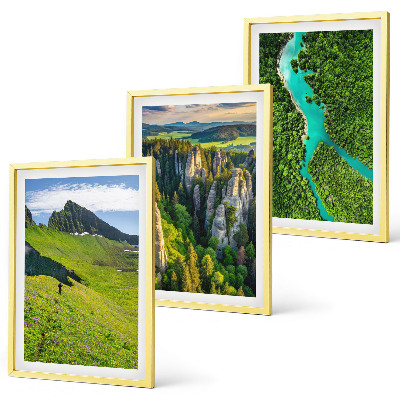 Three-piece wall art piece Green mountains river rocks