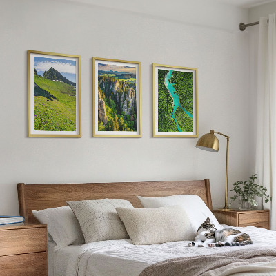 Three-piece wall art piece Green mountains river rocks