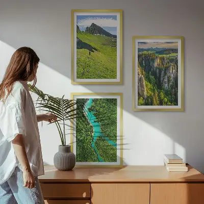 Three-piece wall art set green mountain river landscape