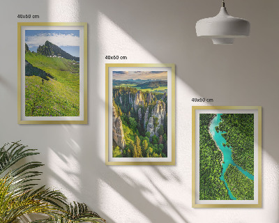 Three-piece wall art piece Green mountains river rocks