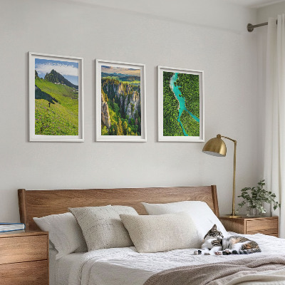 Three-piece wall art piece Green mountains river rocks