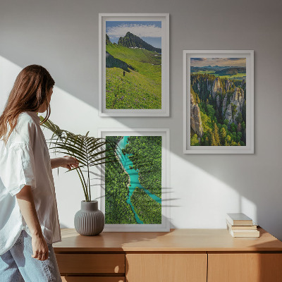 Three-piece wall art piece Green mountains river rocks