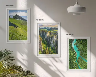 Three-piece wall art set green mountain river landscape