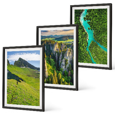 Three-piece wall art piece Green mountains river rocks