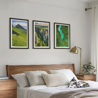 Three-piece wall art set green mountain river landscape