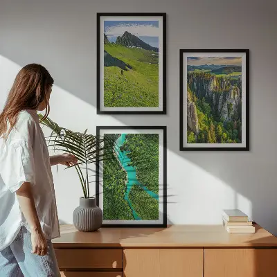 Three-piece wall art set green mountain river landscape