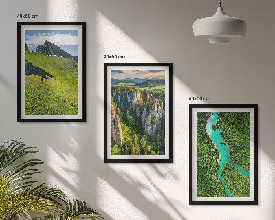 Three-piece wall art piece Green mountains river rocks