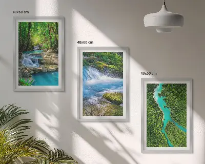 Set of 3 framed wall art pieces featuring green forests and crystalline waters