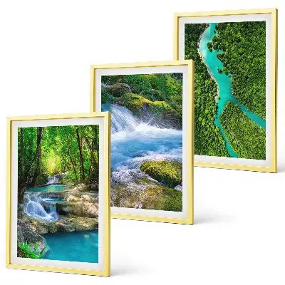 Set of 3 framed wall art pieces featuring green forests and crystalline waters