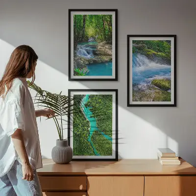 Set of 3 framed wall art pieces featuring green forests and crystalline waters