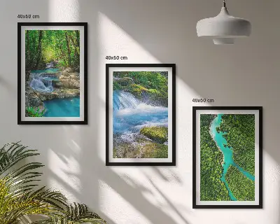 Set of 3 framed wall art pieces featuring green forests and crystalline waters