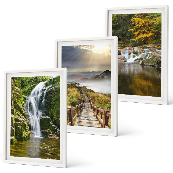 Three-piece wall art piece Waterfalls mountains clouds autumn