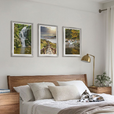 Three-piece wall art piece Waterfalls mountains clouds autumn