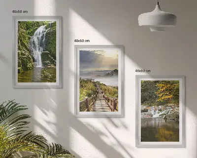 Three-piece waterfall, mountain, and cloud wall art autumn landscape theme