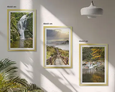 Three-piece waterfall, mountain, and cloud wall art autumn landscape theme