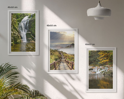 Three-piece wall art piece Waterfalls mountains clouds autumn