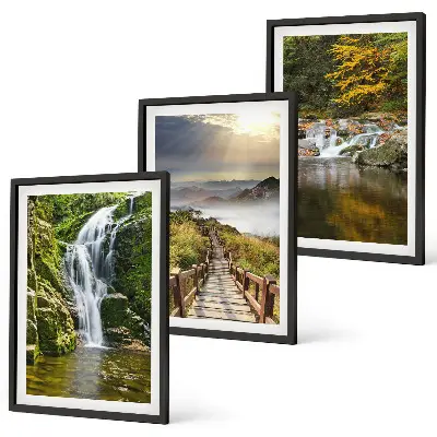 Three-piece waterfall, mountain, and cloud wall art autumn landscape theme