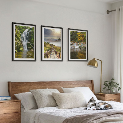 Three-piece wall art piece Waterfalls mountains clouds autumn